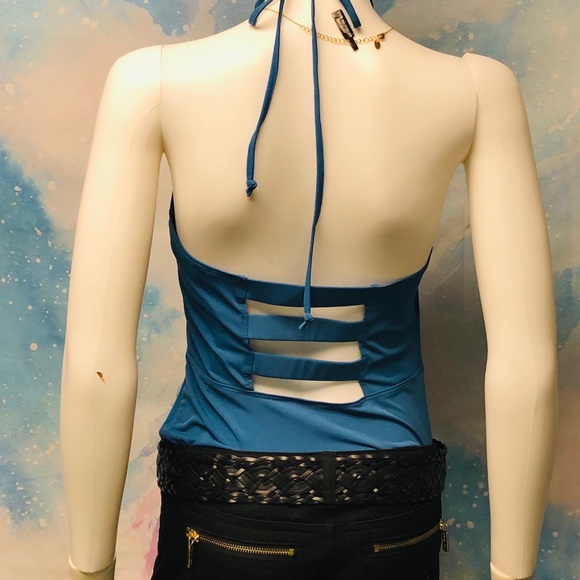 NEW BCBG SEXY HALTER TOP BODY SUIT WITH STRAPPY BACK IN BRILLIANT BLUE - Picture 2 of 16